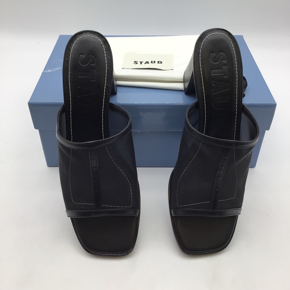 STAUD Alessandra Heel Black Mesh Square Toe Block Heel Mules Size EU 39 US 9 NEW - Picture 3 of 7